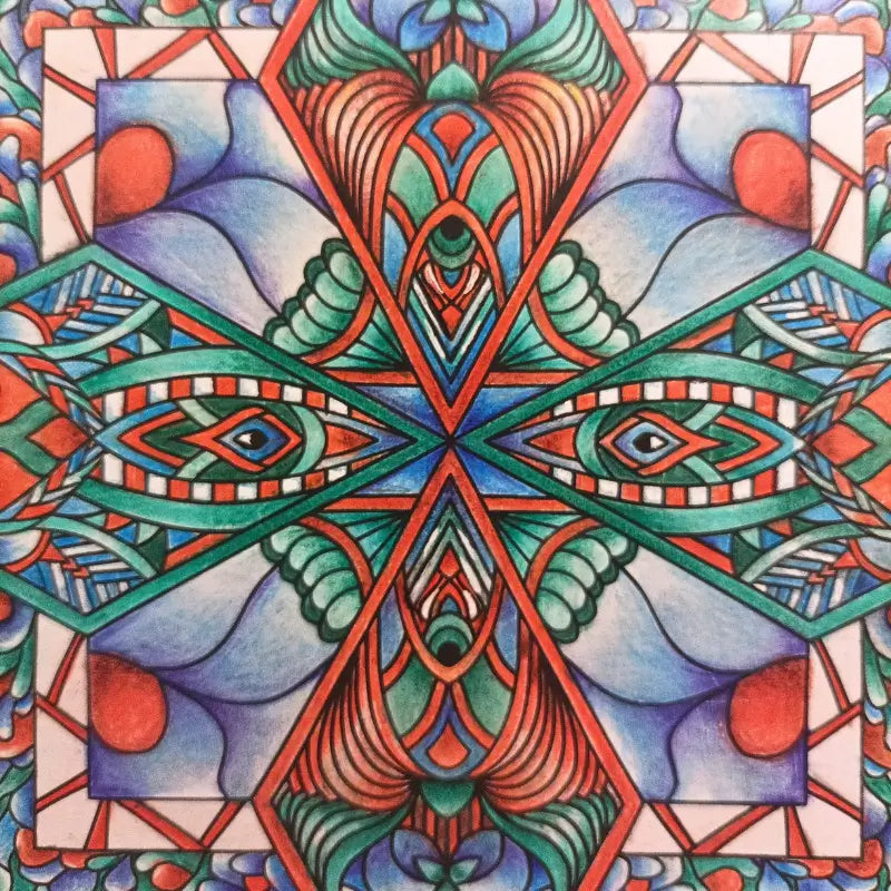 Colorful hand-drawn mandala with geometric patterns and vibrant red, blue, and green details.