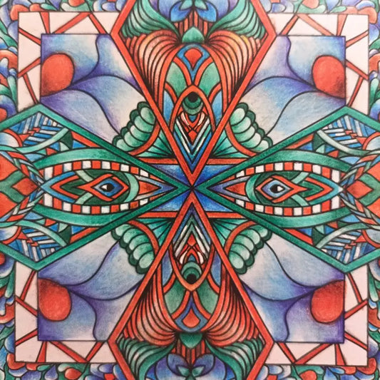 Colorful hand-drawn mandala with geometric patterns and vibrant red, blue, and green details.